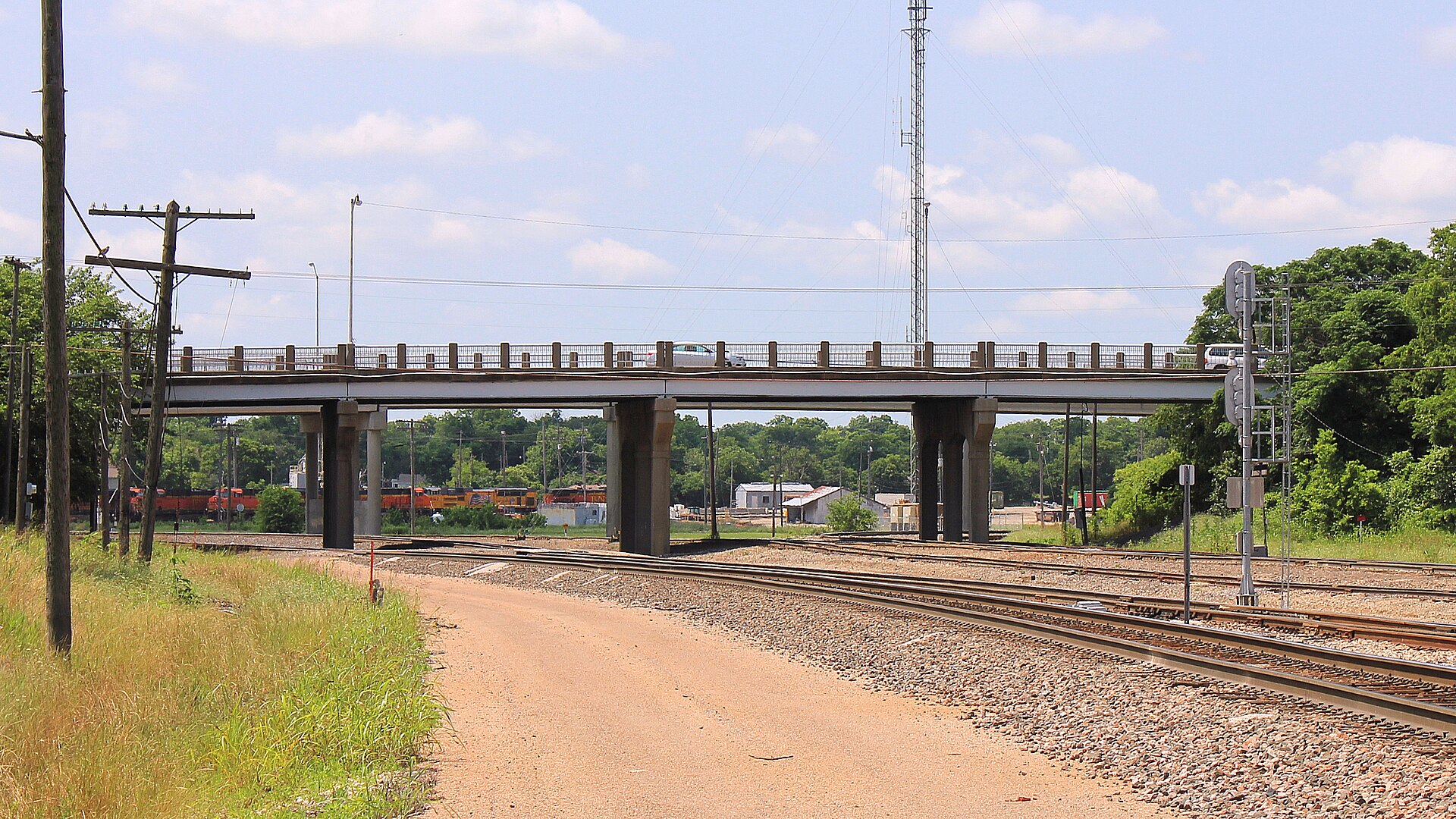 Rail lines and the Adams Avenue overpass in Temple, Texas