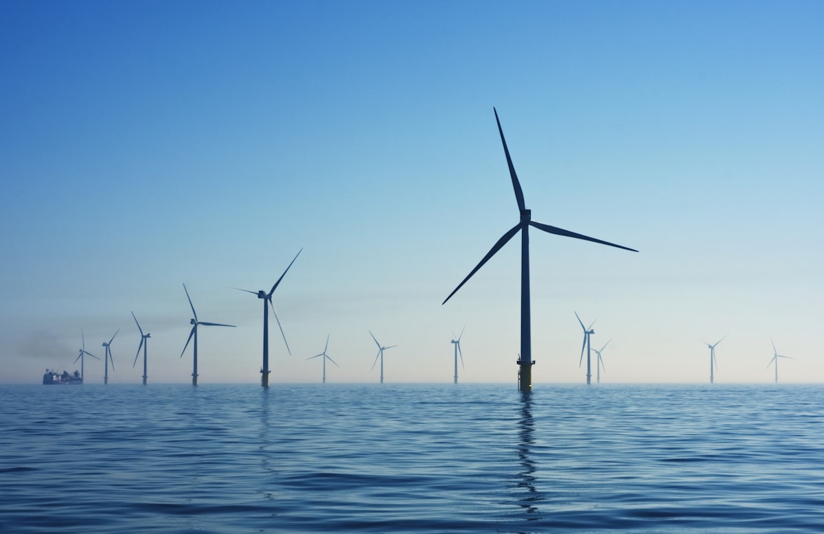 Wind turbines across open land